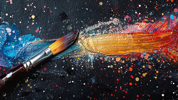 Vector paint brush sliding across a background leaving a thin trail of various bright colors