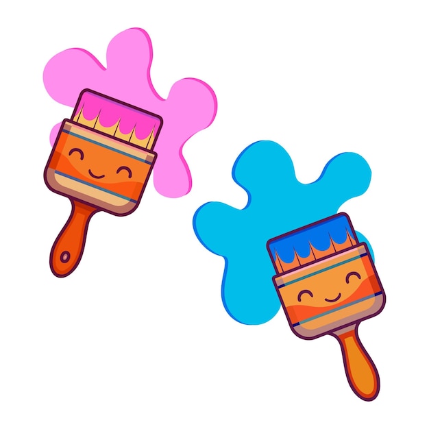 Paint brushes with blue and pink color splashes Cute cartoon character