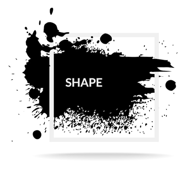 Paint splatter frame Ink blot Grunge inked black splashes and stains with white square copy space for text Decorative drips silhouette abstract graffiti background Vector illustration