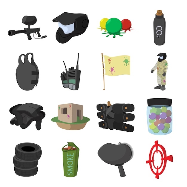 Paintball game cartoon icons set for web and mobile devices