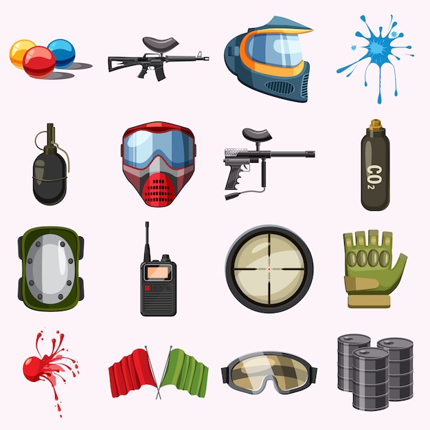 Paintball icons set, cartoon style