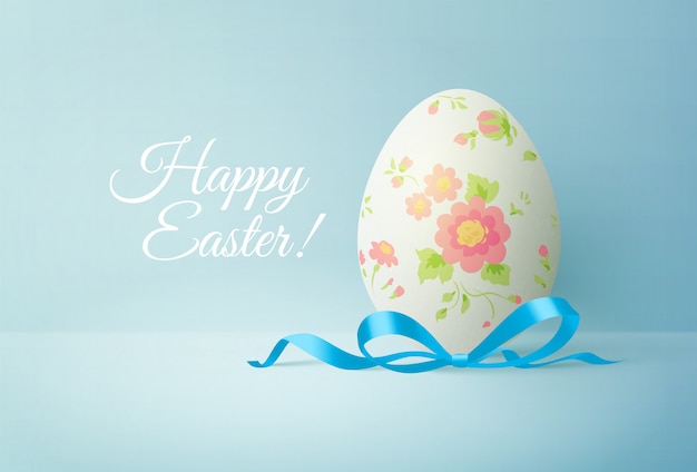 Painted easter egg with blue bow. Greeting card with text. Realistic   illustration.