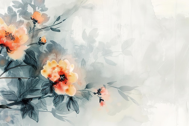 Vector painted pastel flowers on a wall in the style of enchanting watercolors light orange and gray