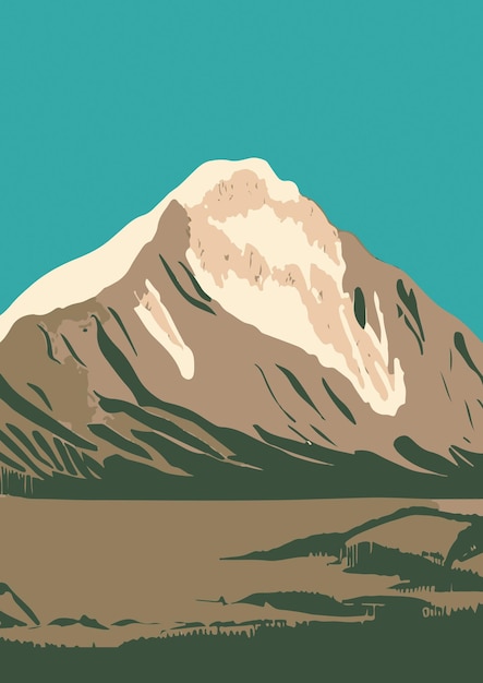 Painted Retro High Mountains Illustration Flat Paint of Wild Nature Travel Print