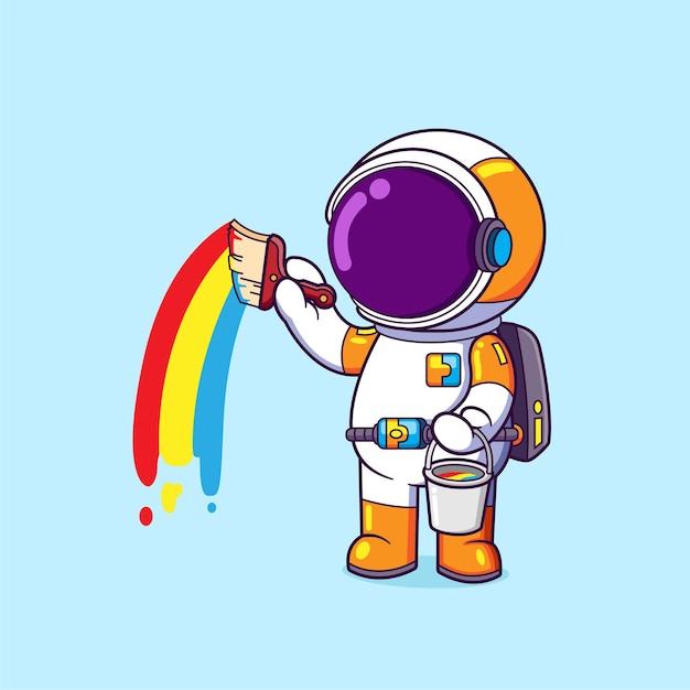 The painter astronaut is painting the sky with the rainbow color