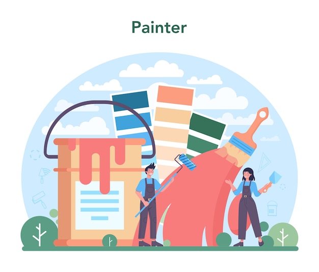 Vector painter concept people in the uniform paint the wall with paint roller and plastering a wall with spatula wall decorator renovating a house vector flat illustration