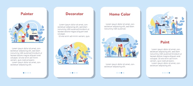 Painter, decorator mobile application banner set. People in the uniform paint the wall with paint roller. Upgrade and repair process concept. Person on the work. 