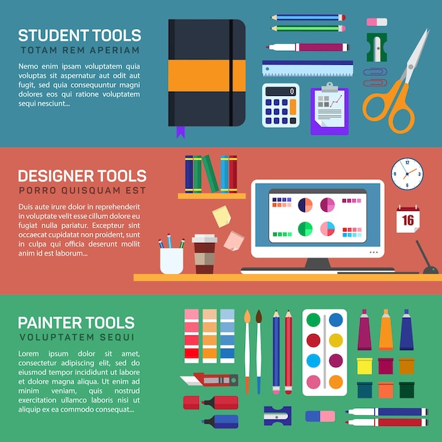 Painter and designer tools in workspace or boxes stationery