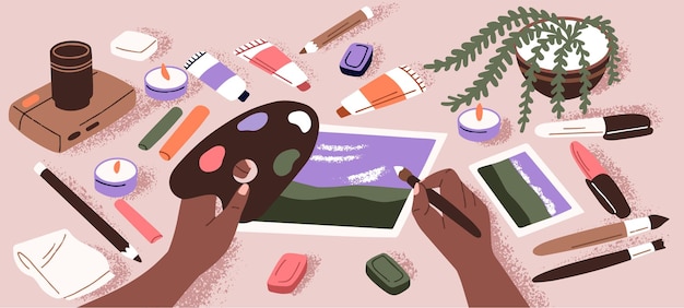 Painter drawing picture at table holding brush and color palette Human hands creating art with paints Creative process at desk with stationery Painting hobby concept Flat vector illustration