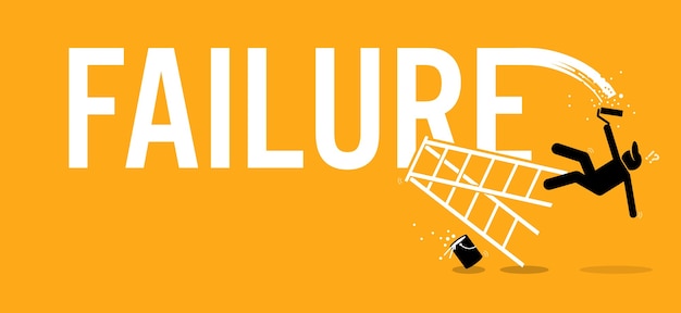 Painter painting the word failure on a wall but fell down. Concept of fail, loss, and bad luck.