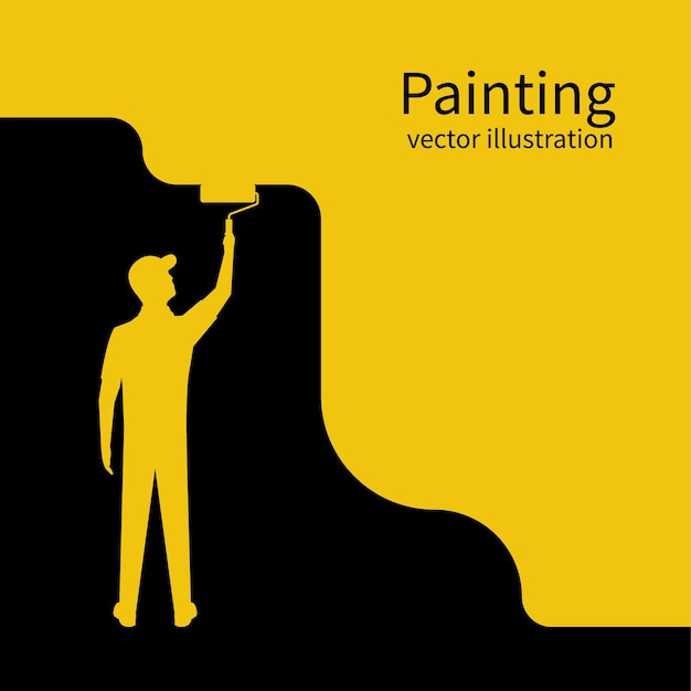 Painter paints wall silhouette. Man is holding a paint roller in hand. Vector illustration of flat design style. Human runs to provide construction work. Customer Service. Worker in uniform.