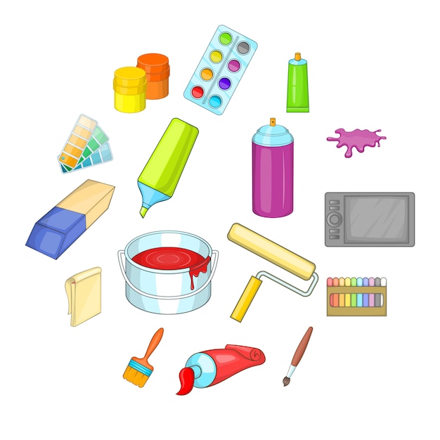 Painter tools icon set, cartoon style