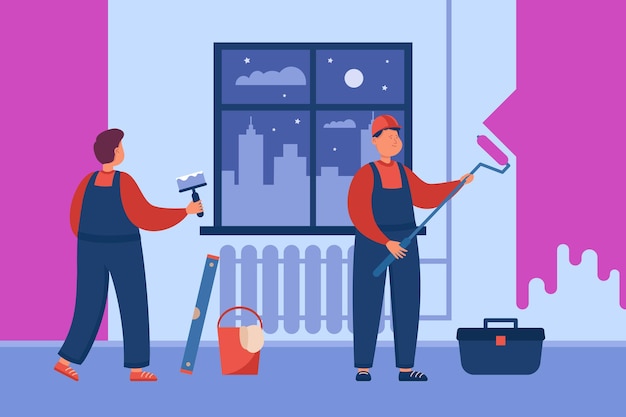 Painters painting walls in apartment flat vector illustration. Men or male workers in uniform using putty for room renovation, remodeling or redecorating house interior. Home repair concept