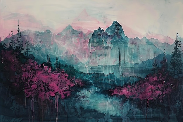 Painting of an artwork showing landscape with mountains in the background in the style of pink and e