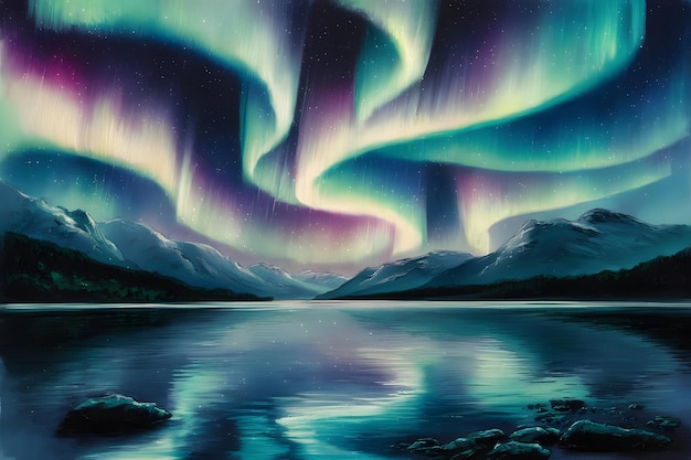 Vector a painting of a aurora borealis above a lake