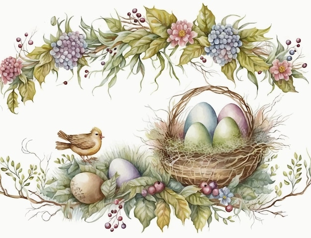 A painting of a basket of eggs and a bird with a bird sitting in it.