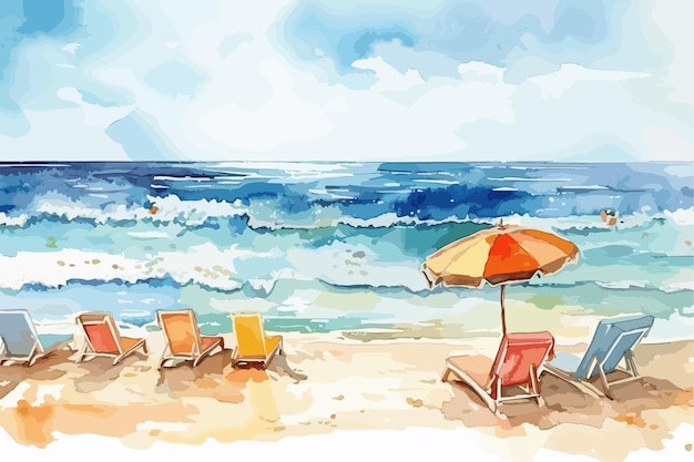 Vector a painting of beach chairs and an umbrella on a beach