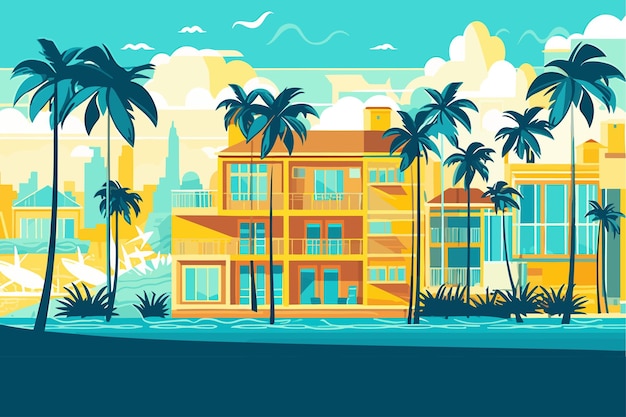 Vector a painting of a beach house with palm trees in the background