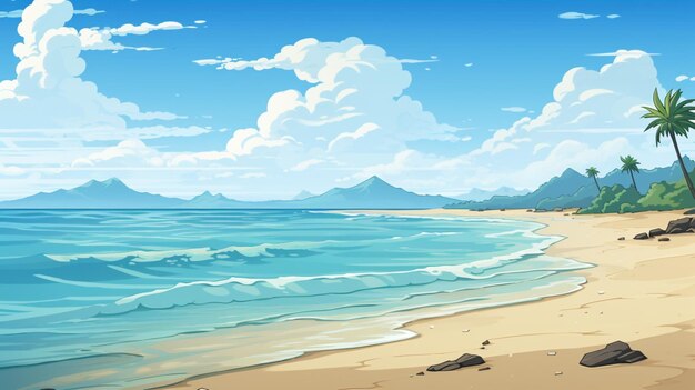 Vector a painting of a beach scene with a beach scene and mountains in the background