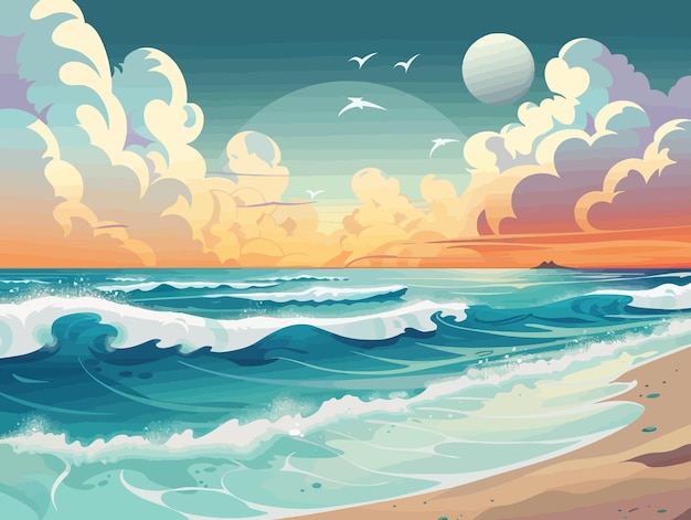 a painting of a beach scene with a beach scene and seagulls flying in the sky