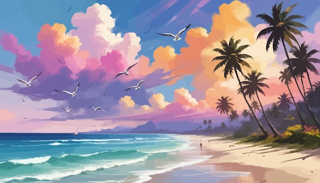 a painting of a beach scene with birds flying in the sky