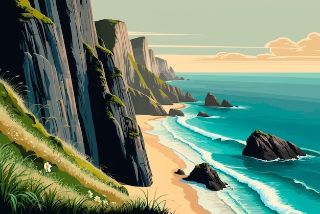 Vector a painting of a beach scene with cliffs and cliffs in the background