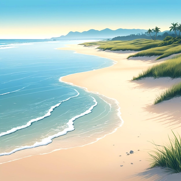 Vector a painting of a beach scene with the ocean in the background