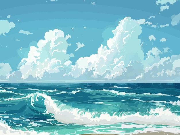 a painting of a beach scene with the ocean and clouds in the sky