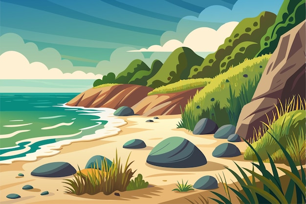 Vector a painting of a beach scene with rocks and trees