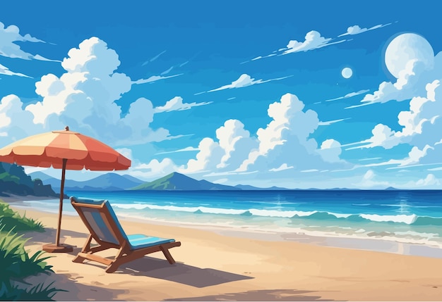 a painting of a beach with a beach chair and umbrella