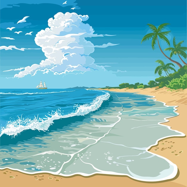 a painting of a beach with a palm tree and a ship in the background