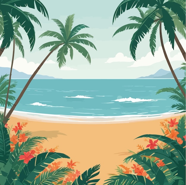 a painting of a beach with palm trees and mountains in the background