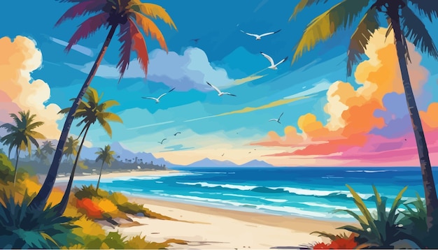 a painting of a beach with palm trees and the ocean in the background