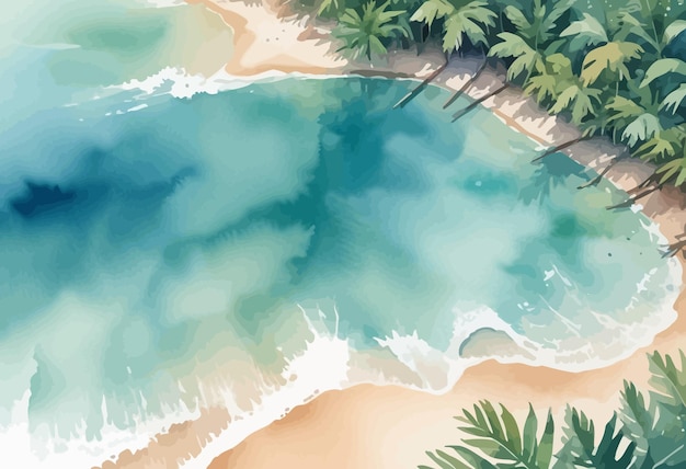 Vector a painting of a beach with palm trees and waves