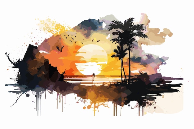 A painting of a beach with a sunset and palm trees.