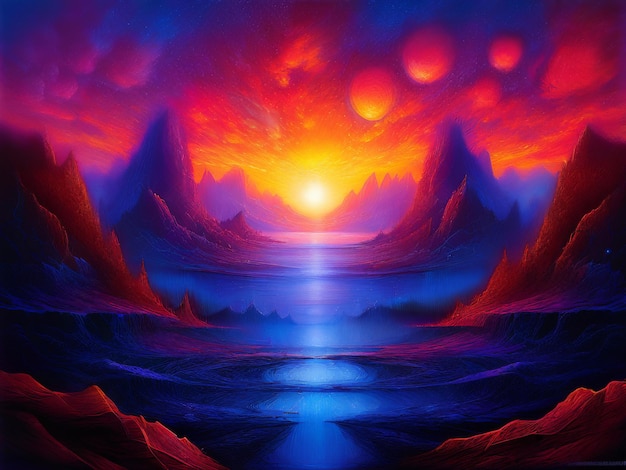 a painting of beautiful sunset in the sea with red and purple sky bright vibrant large sun