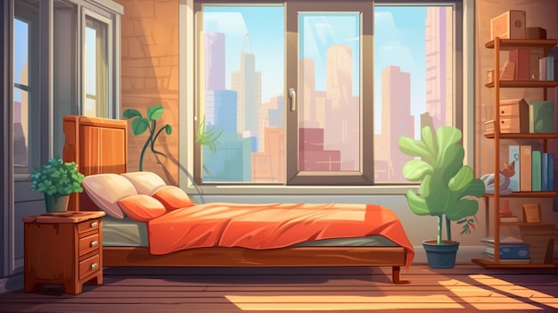 Vector a painting of a bedroom with a bed and a window with a view of a city