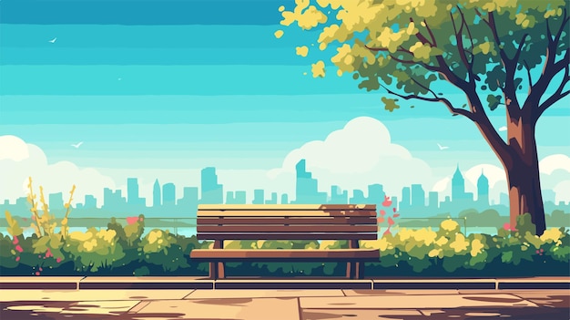 a painting of a bench with a city in the background