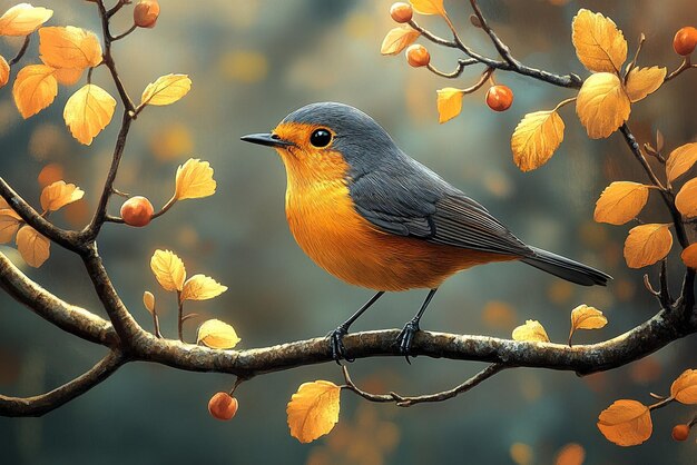 a painting of a bird on a branch with autumn leaves