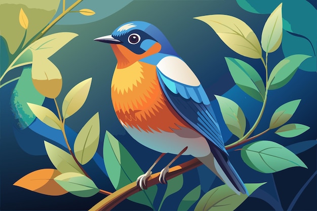 a painting of a bird with a blue and orange body and a green background