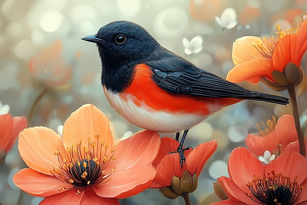 a painting of a bird with orange flowers and a bird on it