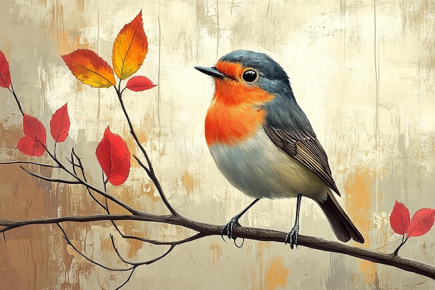 Vector a painting of a bird with a red beak and yellow leaves