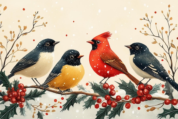 a painting of birds on a branch with berries and snowflakes