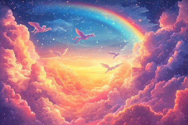 Vector a painting of birds flying in the sky with a rainbow in the background