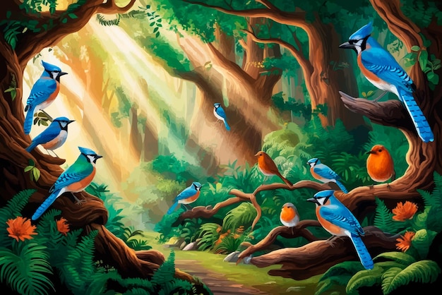 a painting of birds in a forest with sun rays