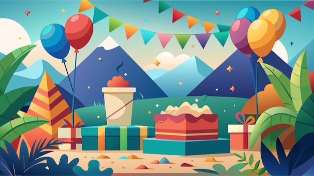 a painting of a birthday cake with balloons and a box with balloons