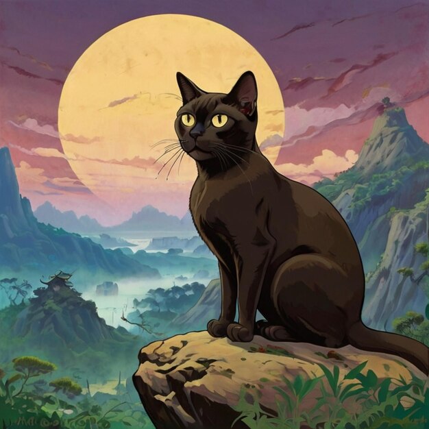 a painting of a black cat sitting on a rock with a full moon in the background