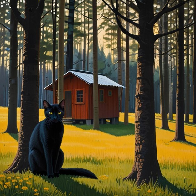 Vector a painting of a black cat sitting in the woods