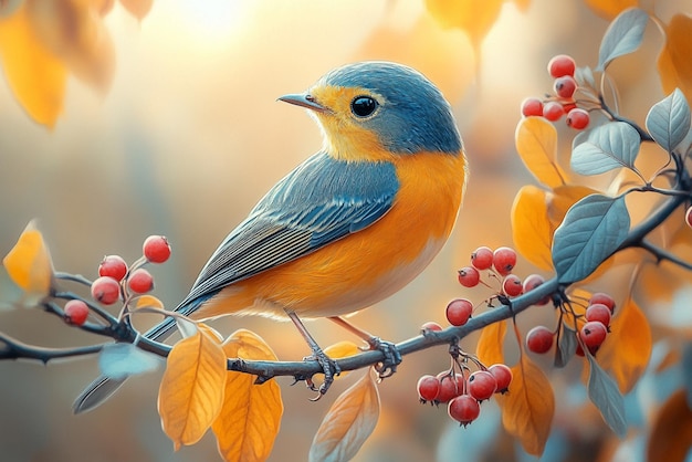 a painting of a blue bird on a branch with berries