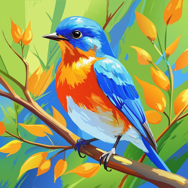 Vector a painting of a blue and orange bird on a branch